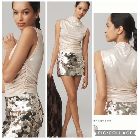 NWT new medium Anthropologie Maeve shiny metallic top sand beige ruched tank - Picture 13 of 13